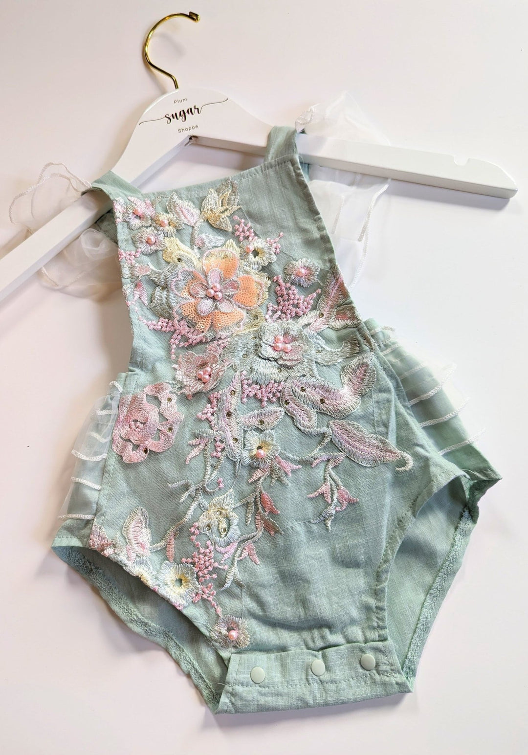 Charlotte Mint Embroidered Baby Romper - Plum Sugar Shoppe