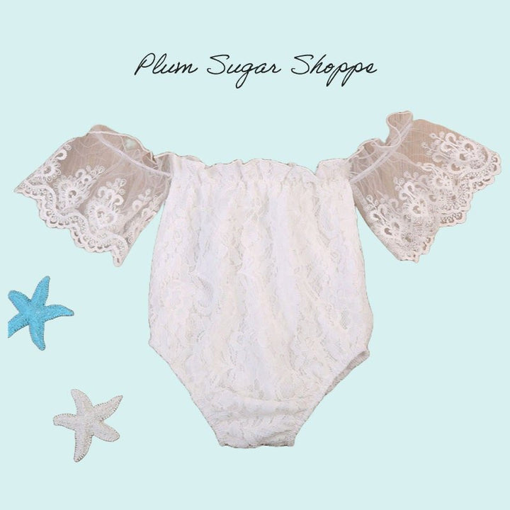 Off Shoulder White Lace Romper, Vintage Baby Girl Photo Outfit, Smash Cake Lace Romper, Baby Shower Gift, Baby Bubble Romper - Plum Sugar Shoppe