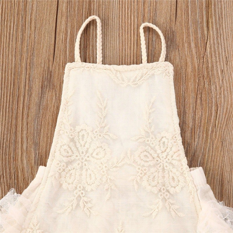 Olive Vintage Ivory Lace and Linen Baby Romper - Plum Sugar Shoppe