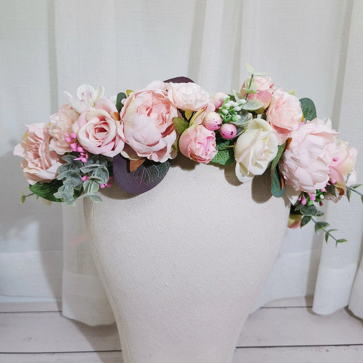 Peony and Eucalyptus Flower Crown, Pink and Ivory Flower Headband, Maternity Floral Headpiece, Bridesmaids Flower Crown, Floral Headband - Plum Sugar Shoppe