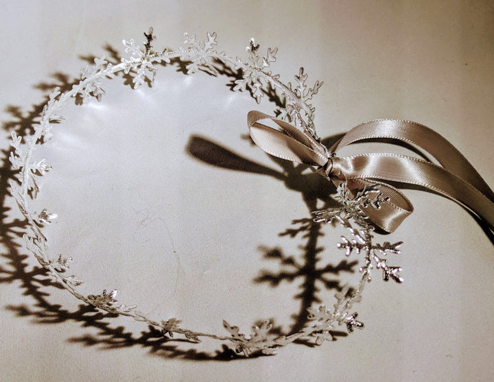 Snowflake Headband Birthday Crown with Silver Satin Ribbon - Plum Sugar Shoppe