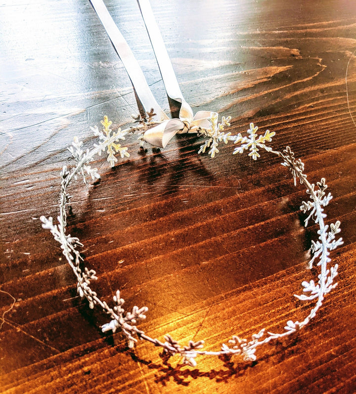 Snowflake Headband Birthday Crown with Silver Satin Ribbon - Plum Sugar Shoppe