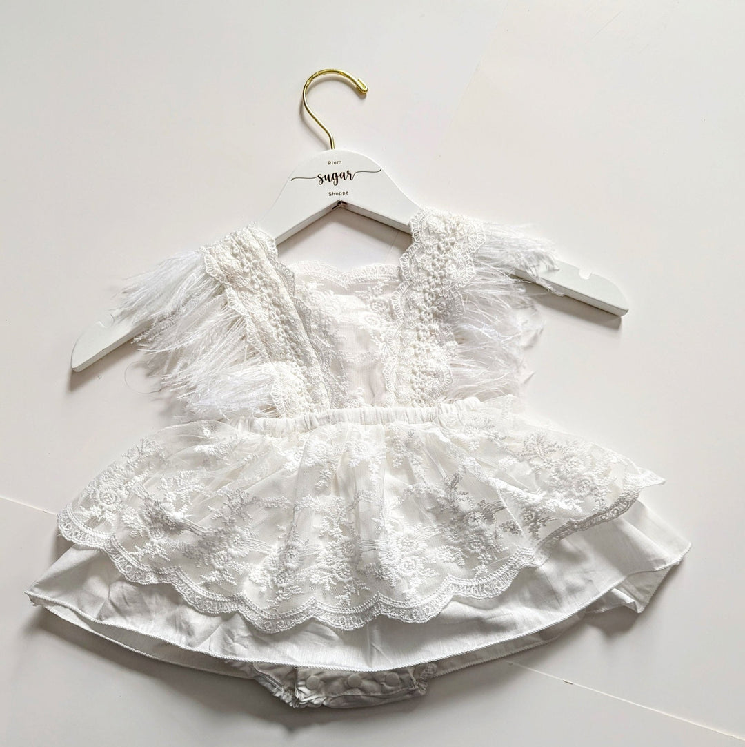 Adalynn White Feather Baby Girl Party Dress - Plum Sugar Shoppe