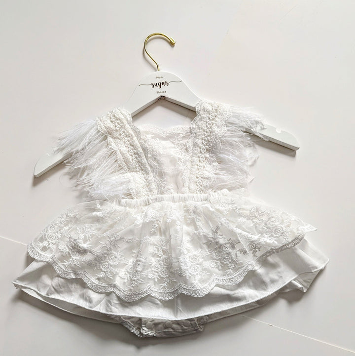 Adalynn White Feather Baby Girl Party Dress - Plum Sugar Shoppe