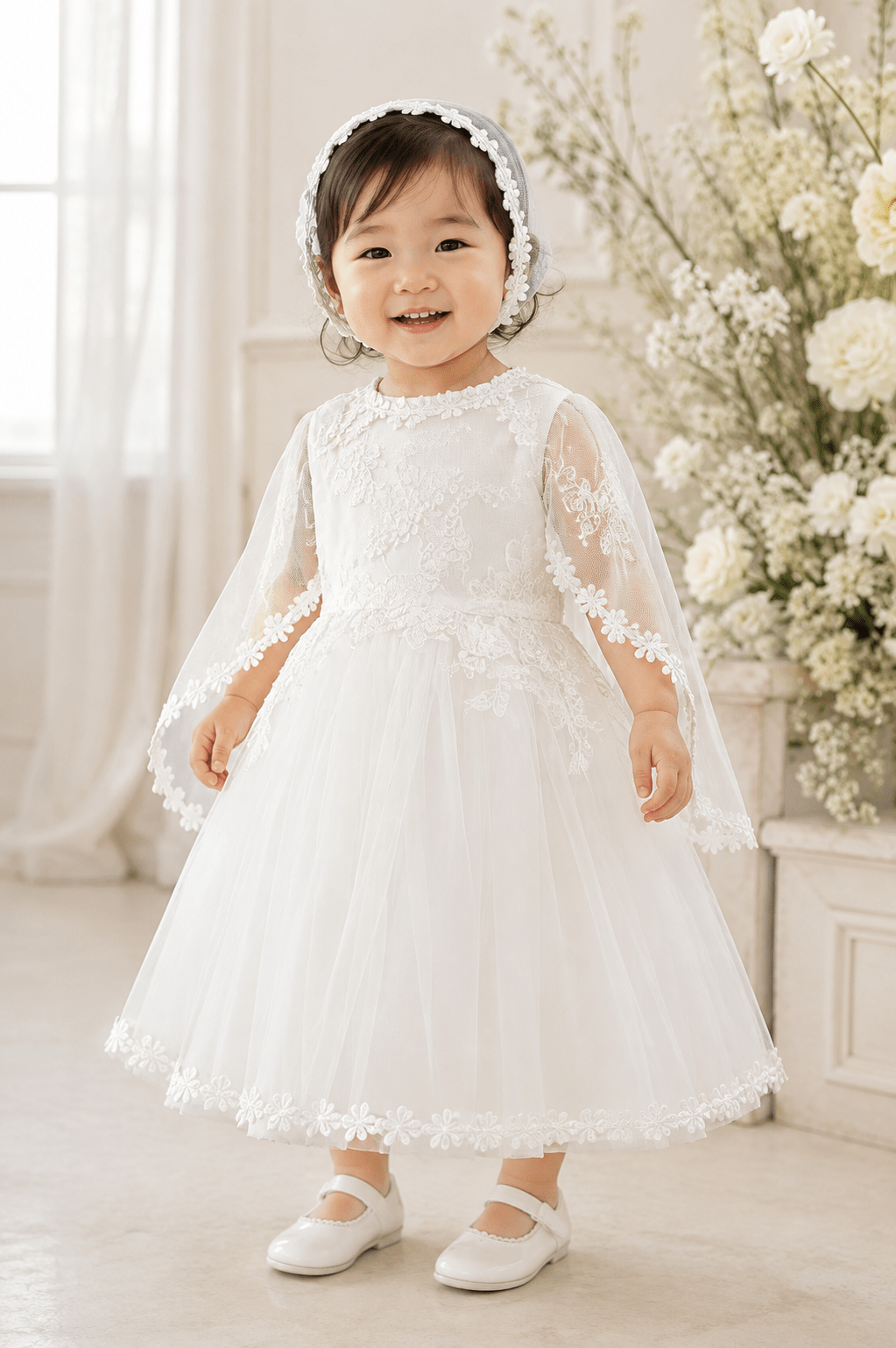 Alexis White Tulle Gown with Bonnet and Shawl - Plum Sugar Shoppe