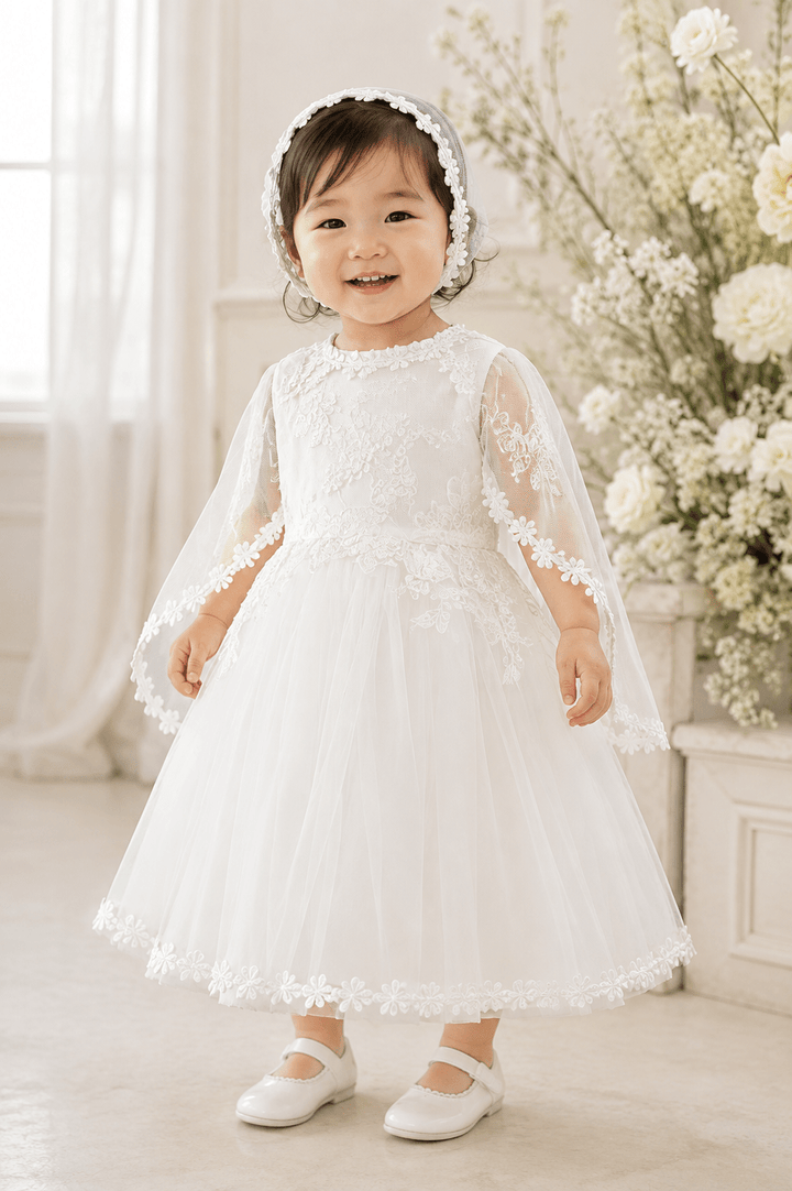 Alexis White Tulle Gown with Bonnet and Shawl - Plum Sugar Shoppe