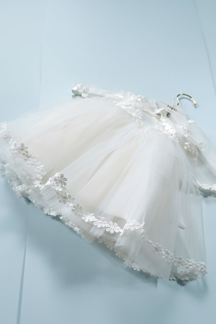 Alexis White Tulle Gown with Bonnet and Shawl - Plum Sugar Shoppe