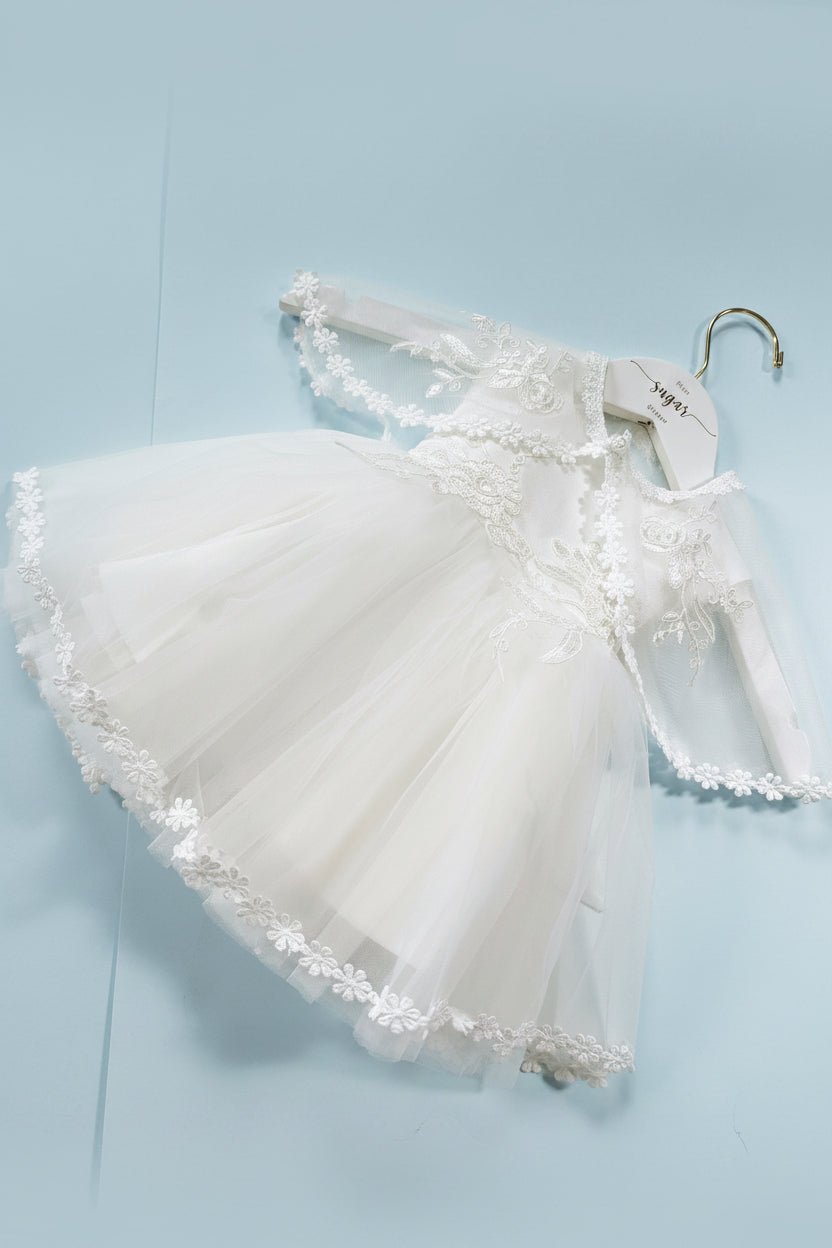 Alexis White Tulle Gown with Bonnet and Shawl - Plum Sugar Shoppe