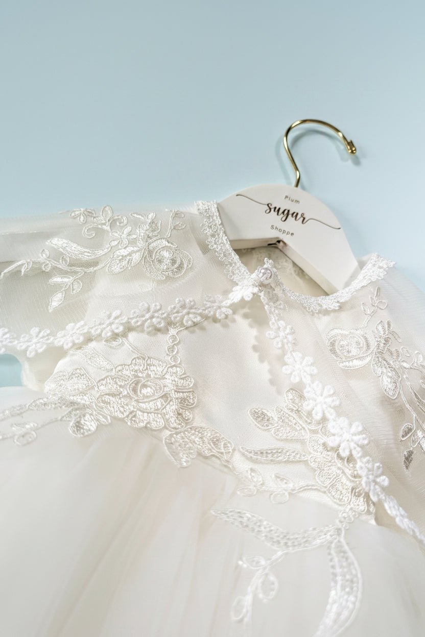 Alexis White Tulle Gown with Bonnet and Shawl - Plum Sugar Shoppe