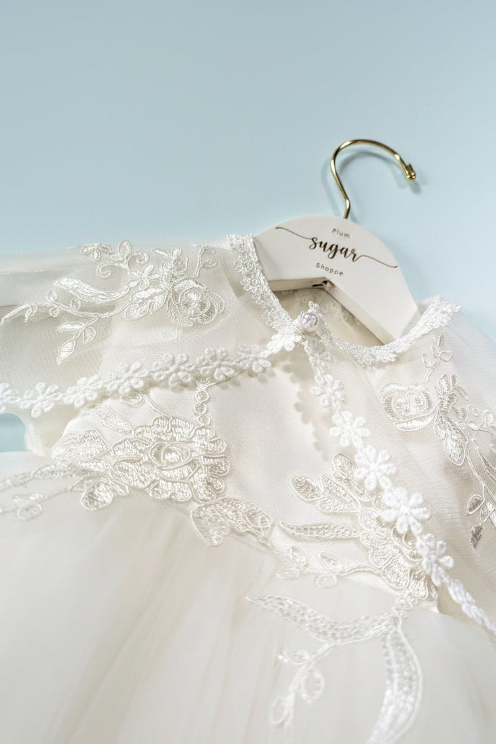 Alexis White Tulle Gown with Bonnet and Shawl - Plum Sugar Shoppe