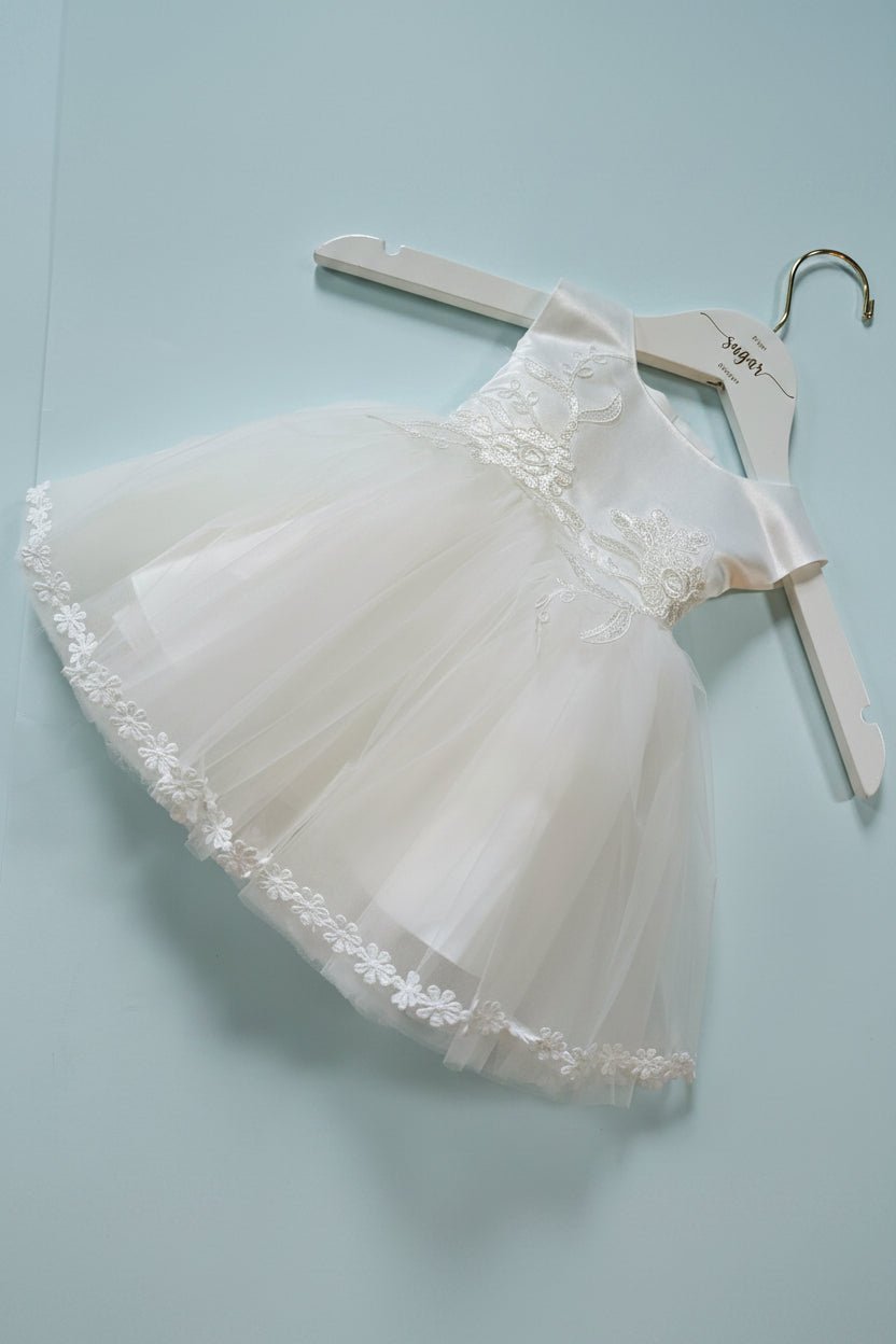Alexis White Tulle Gown with Bonnet and Shawl - Plum Sugar Shoppe