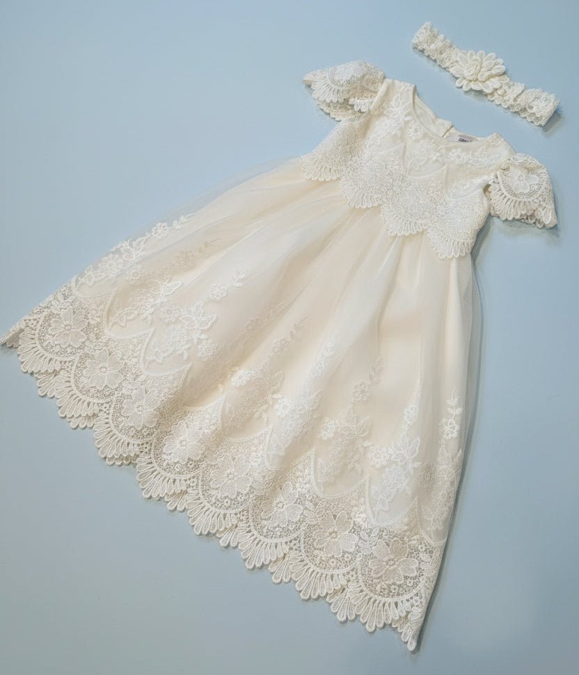 Ava White Lace Christening Gown - Plum Sugar Shoppe