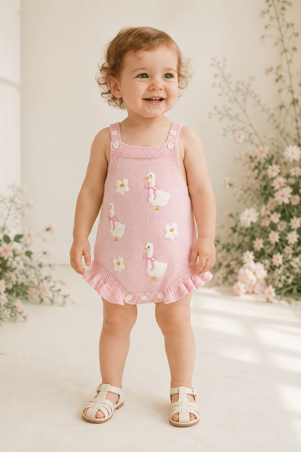 Emmy Duck Knit Romper Pink - Plum Sugar Shoppe