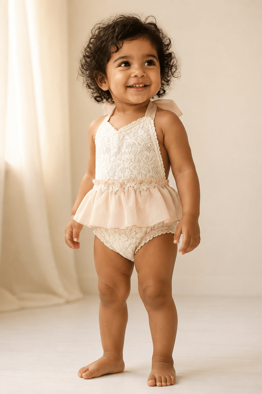 Harper Light Pink Lace/ Chiffon Baby Romper - Plum Sugar Shoppe