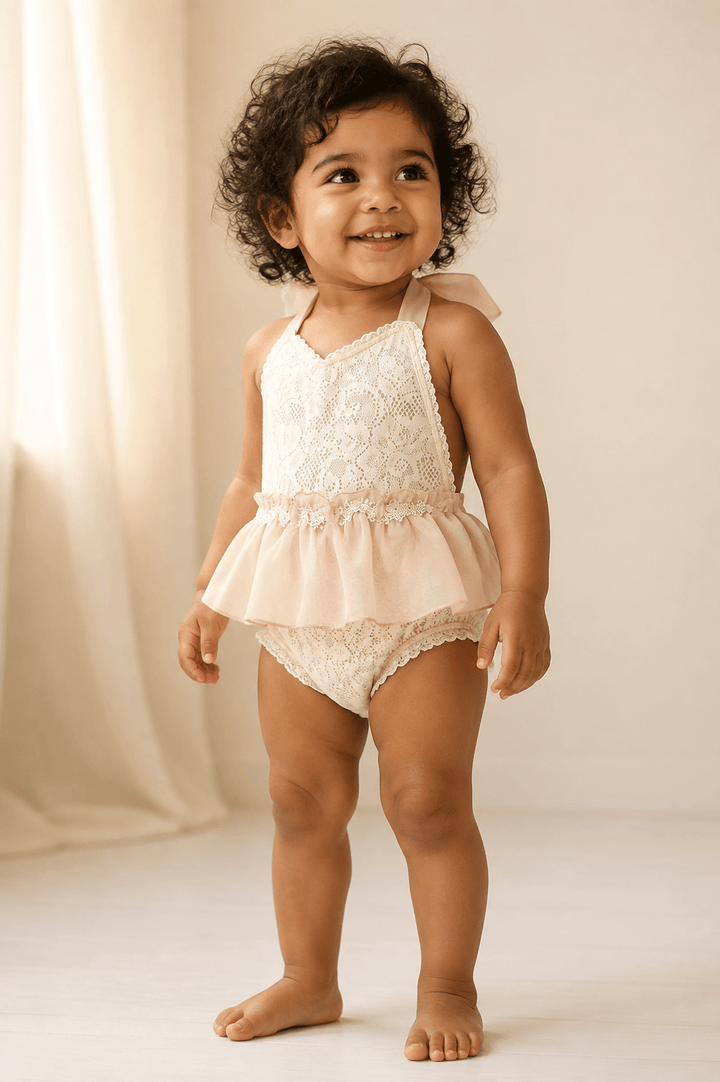 Harper Light Pink Lace/ Chiffon Baby Romper - Plum Sugar Shoppe