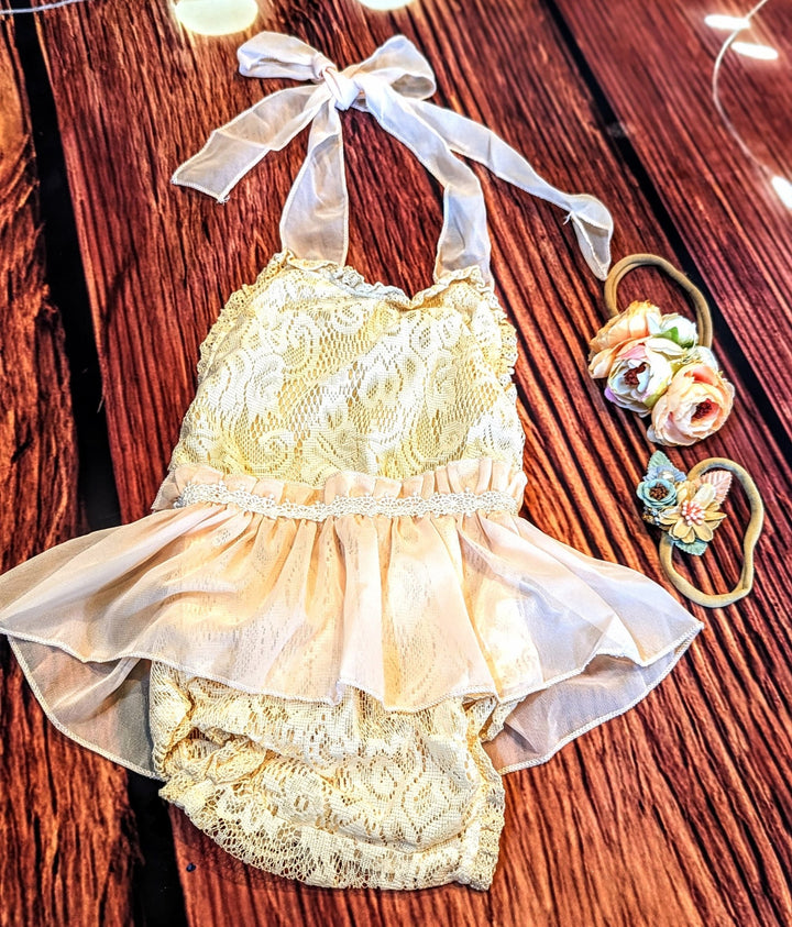 Harper Light Pink Lace/ Chiffon Baby Romper - Plum Sugar Shoppe