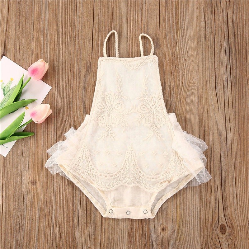 Olive Vintage Ivory Lace and Linen Baby Romper - Plum Sugar Shoppe