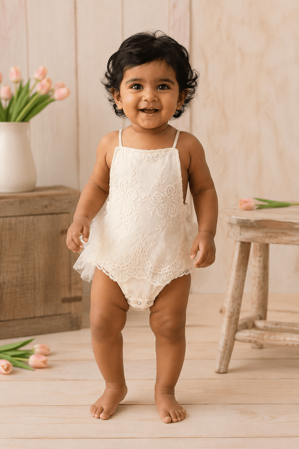 Olive Vintage Ivory Lace and Linen Baby Romper - Plum Sugar Shoppe