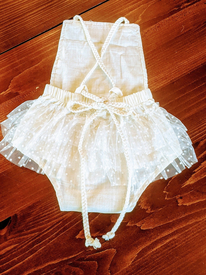 Olive Vintage Ivory Lace and Linen Baby Romper - Plum Sugar Shoppe