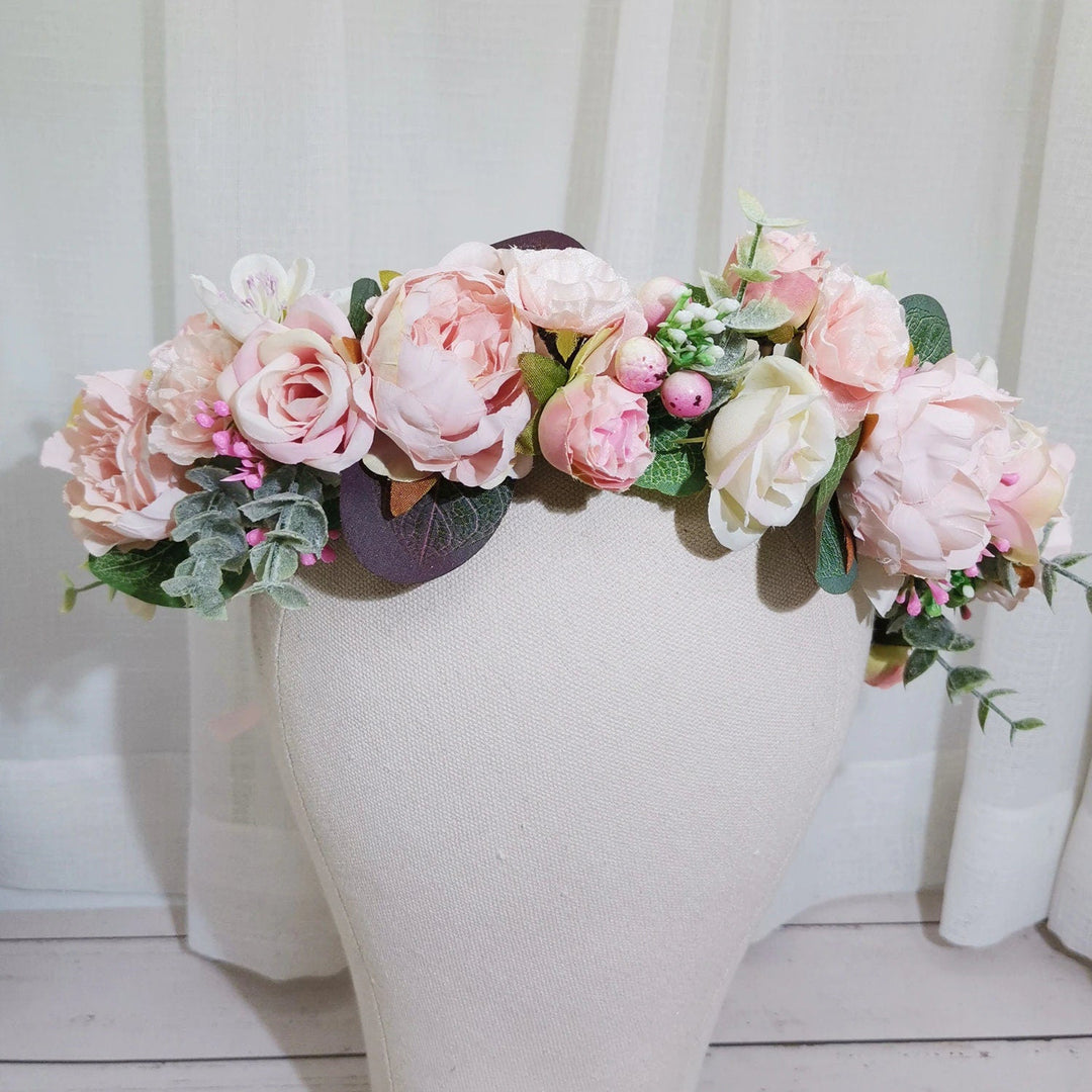Peony and Eucalyptus Flower Crown, Pink and Ivory Flower Headband