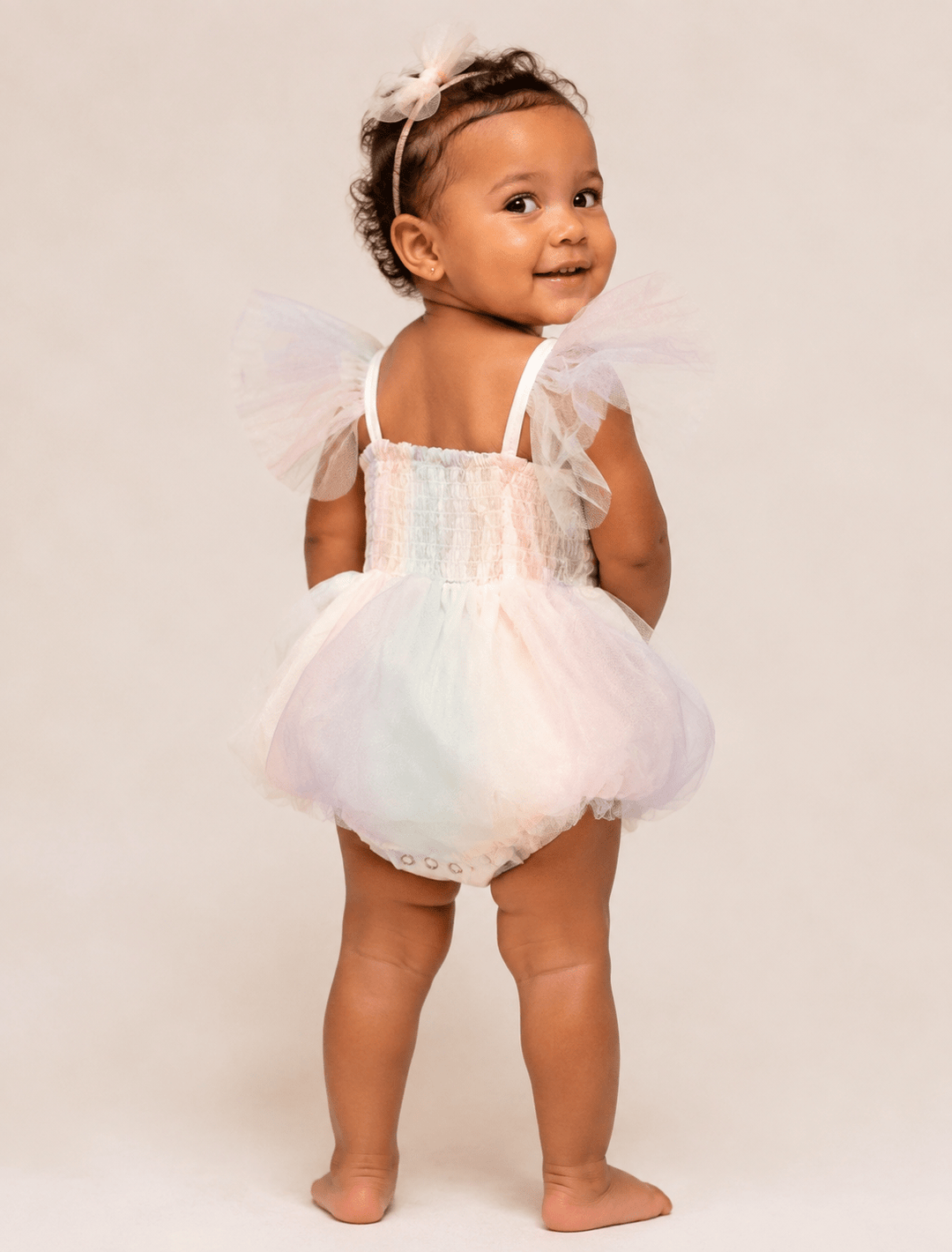 Rainbow Tulle Baby Romper, Rainbow Onesie, Cake Smash Outfit, Baby Girl Birthday Romper - Plum Sugar Shoppe