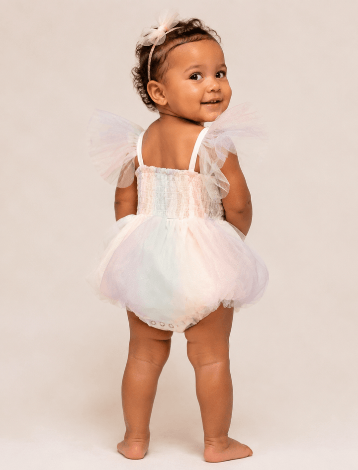 Rainbow Tulle Baby Romper, Rainbow Onesie, Cake Smash Outfit, Baby Girl Birthday Romper - Plum Sugar Shoppe