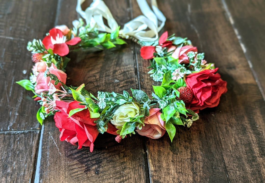 Red, Pink and White Rose Flower Crown, Floral Headband, Maternity Floral Headpiece, Bridesmaids Flower Crown, Flower Girl Flower Crown - Plum Sugar Shoppe