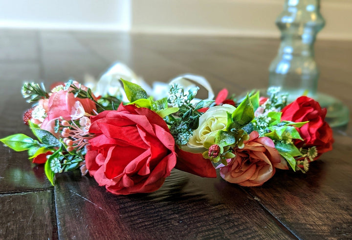 Red, Pink and White Rose Flower Crown, Floral Headband, Maternity Floral Headpiece, Bridesmaids Flower Crown, Flower Girl Flower Crown - Plum Sugar Shoppe