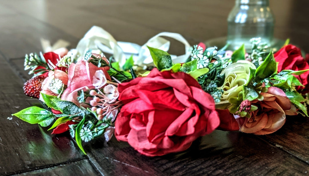 Red, Pink and White Rose Flower Crown, Floral Headband, Maternity Floral Headpiece, Bridesmaids Flower Crown, Flower Girl Flower Crown - Plum Sugar Shoppe