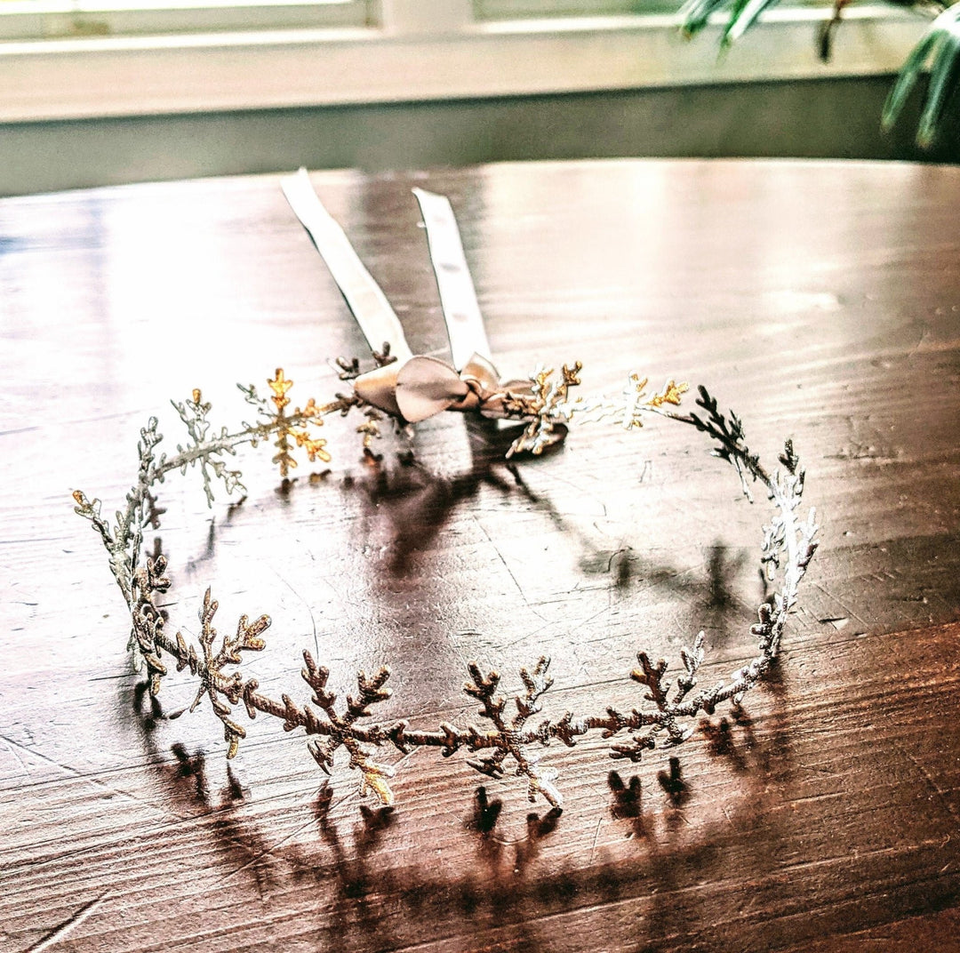 Snowflake Headband Birthday Crown with Silver Satin Ribbon - Plum Sugar Shoppe