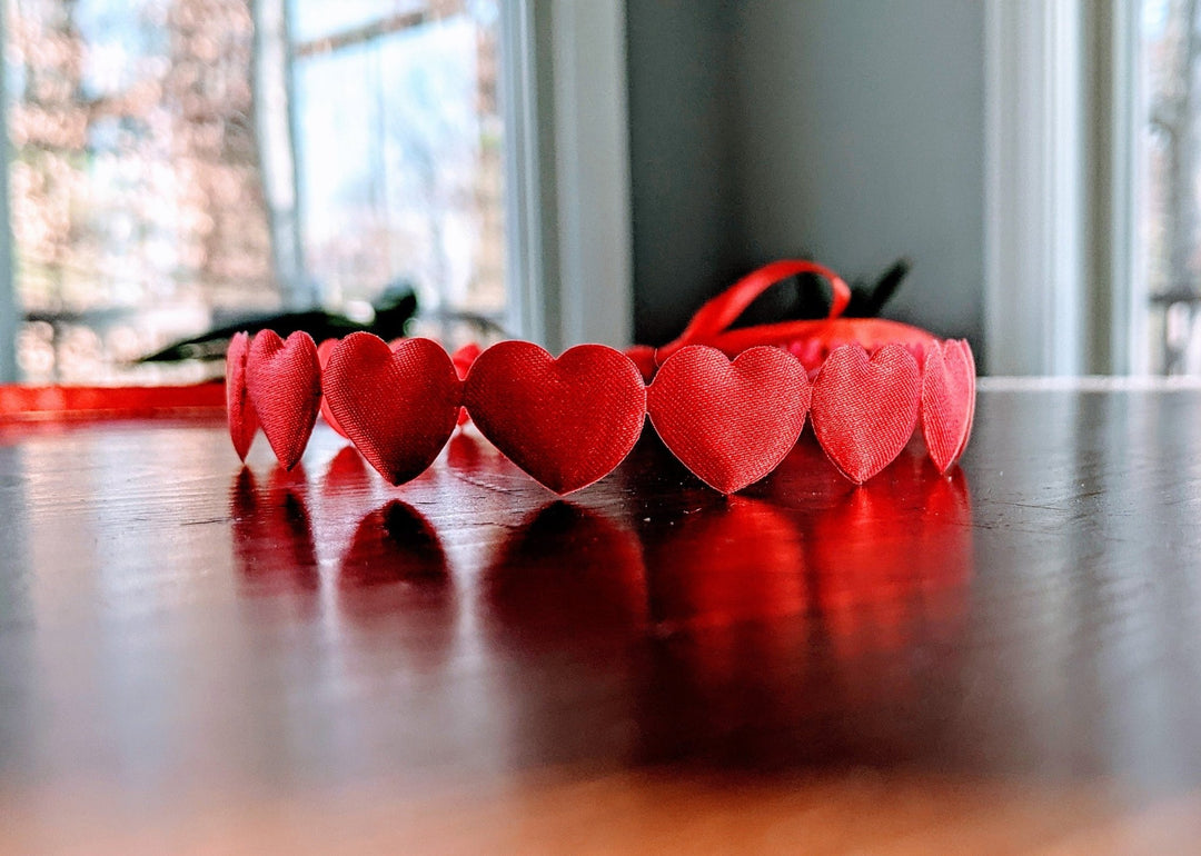 Valentines Red Heart Headband with Red Satin Ribbon - Plum Sugar Shoppe