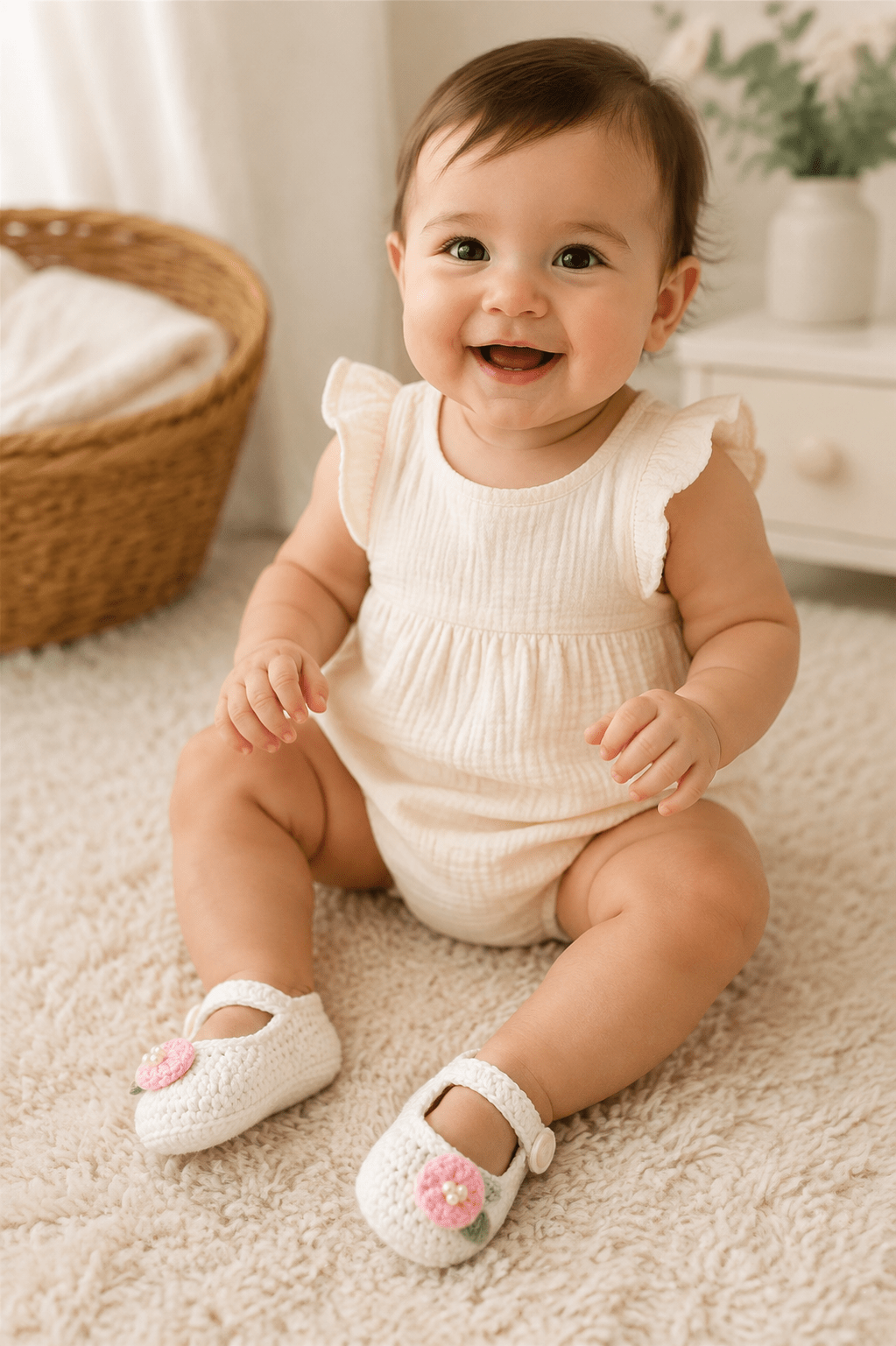 White Flower Crochet Newborn Shoes, Newborn Knitted Baby Booties, White Crocheted Baby Booties, Newborn Booties, Baby Girl Mary Jane Shoes - Plum Sugar Shoppe