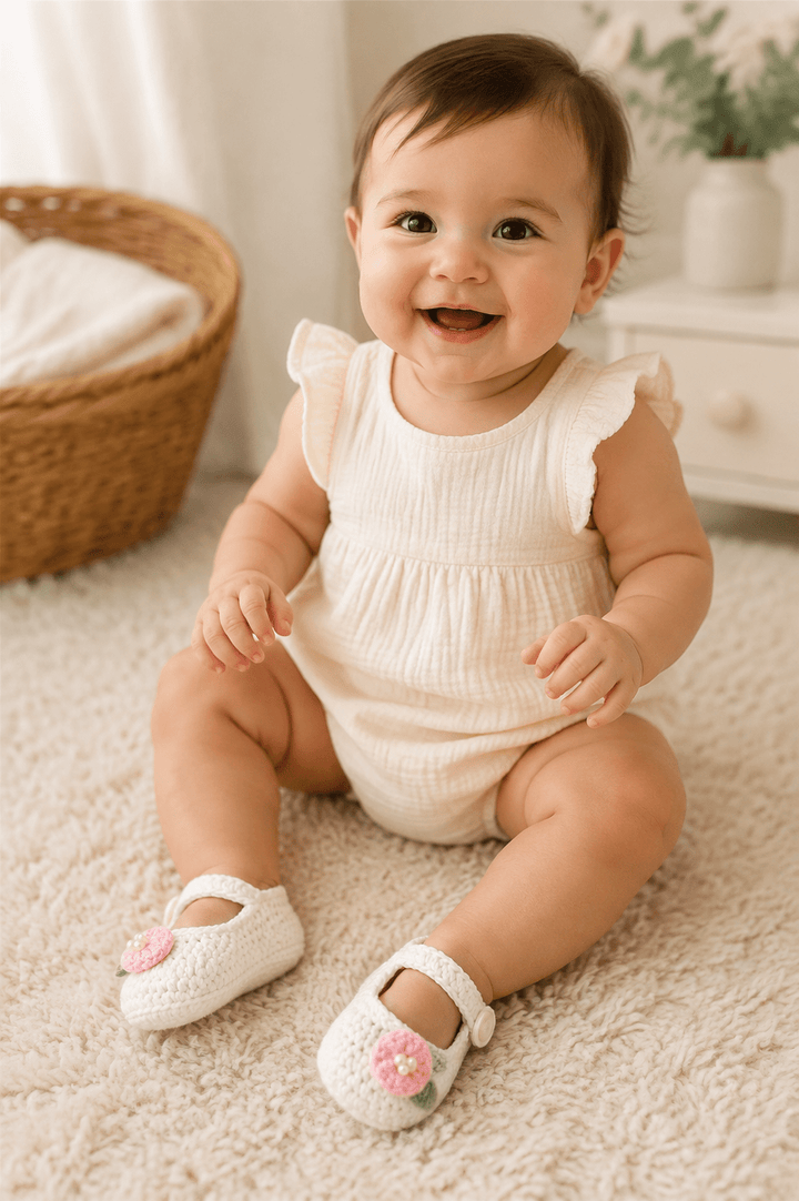 White Flower Crochet Newborn Shoes, Newborn Knitted Baby Booties, White Crocheted Baby Booties, Newborn Booties, Baby Girl Mary Jane Shoes - Plum Sugar Shoppe