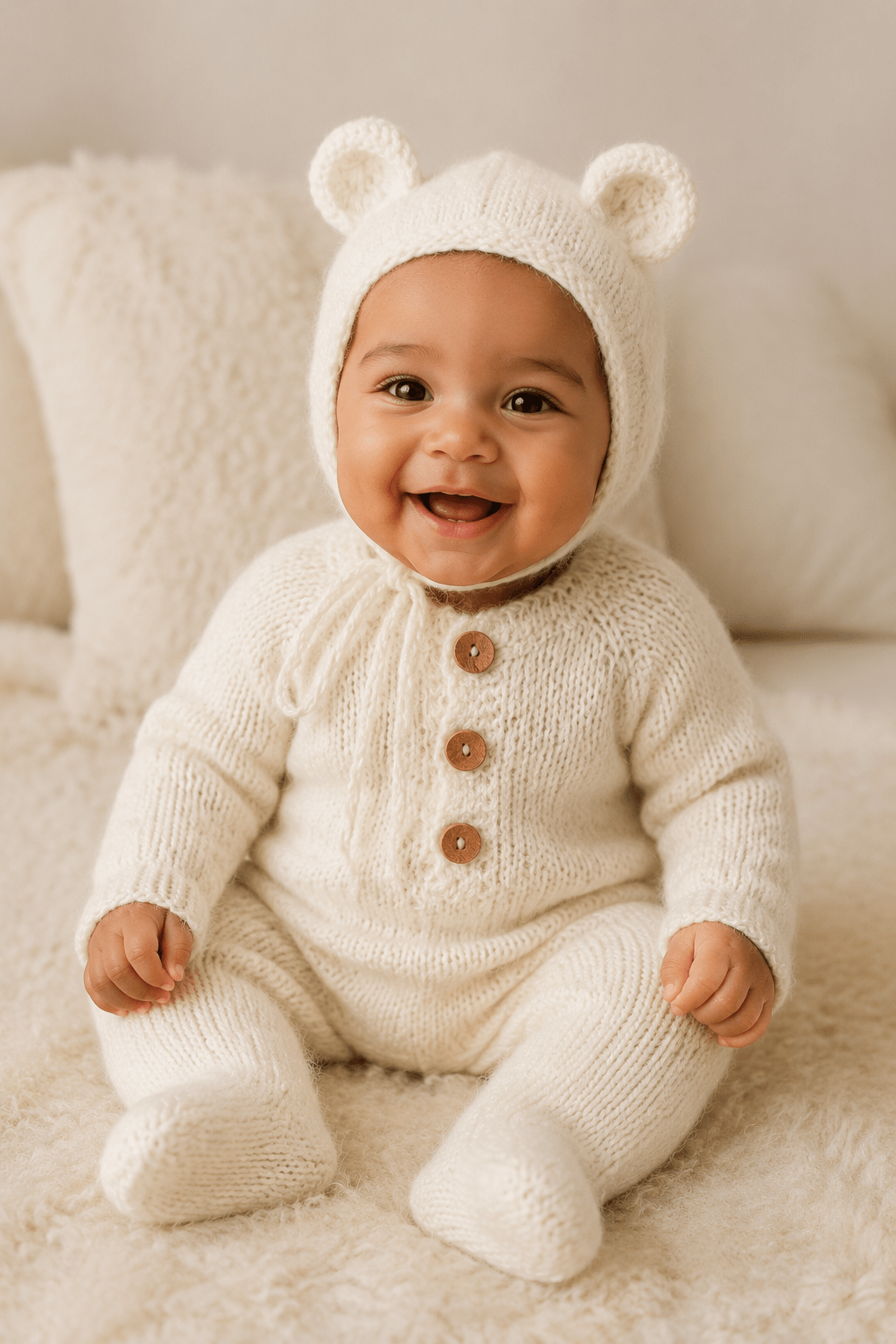 White Knit Bear Newborn Outfit with Ears - Plum Sugar Shoppe