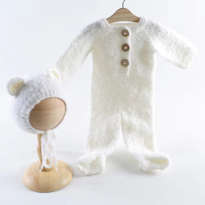 White Knit Bear Newborn Outfit with Ears - Plum Sugar Shoppe