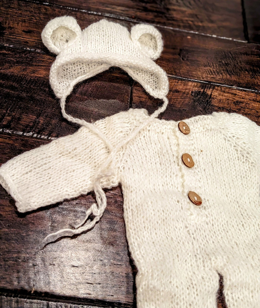 White Knit Bear Newborn Outfit with Ears - Plum Sugar Shoppe