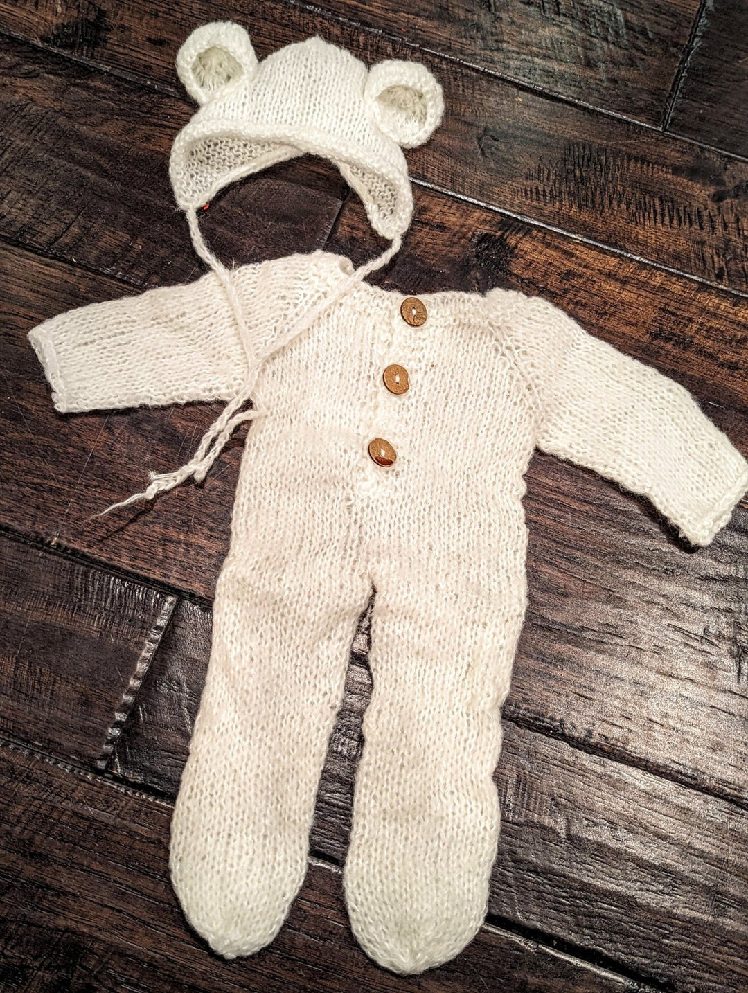 White Knit Bear Newborn Outfit with Ears - Plum Sugar Shoppe