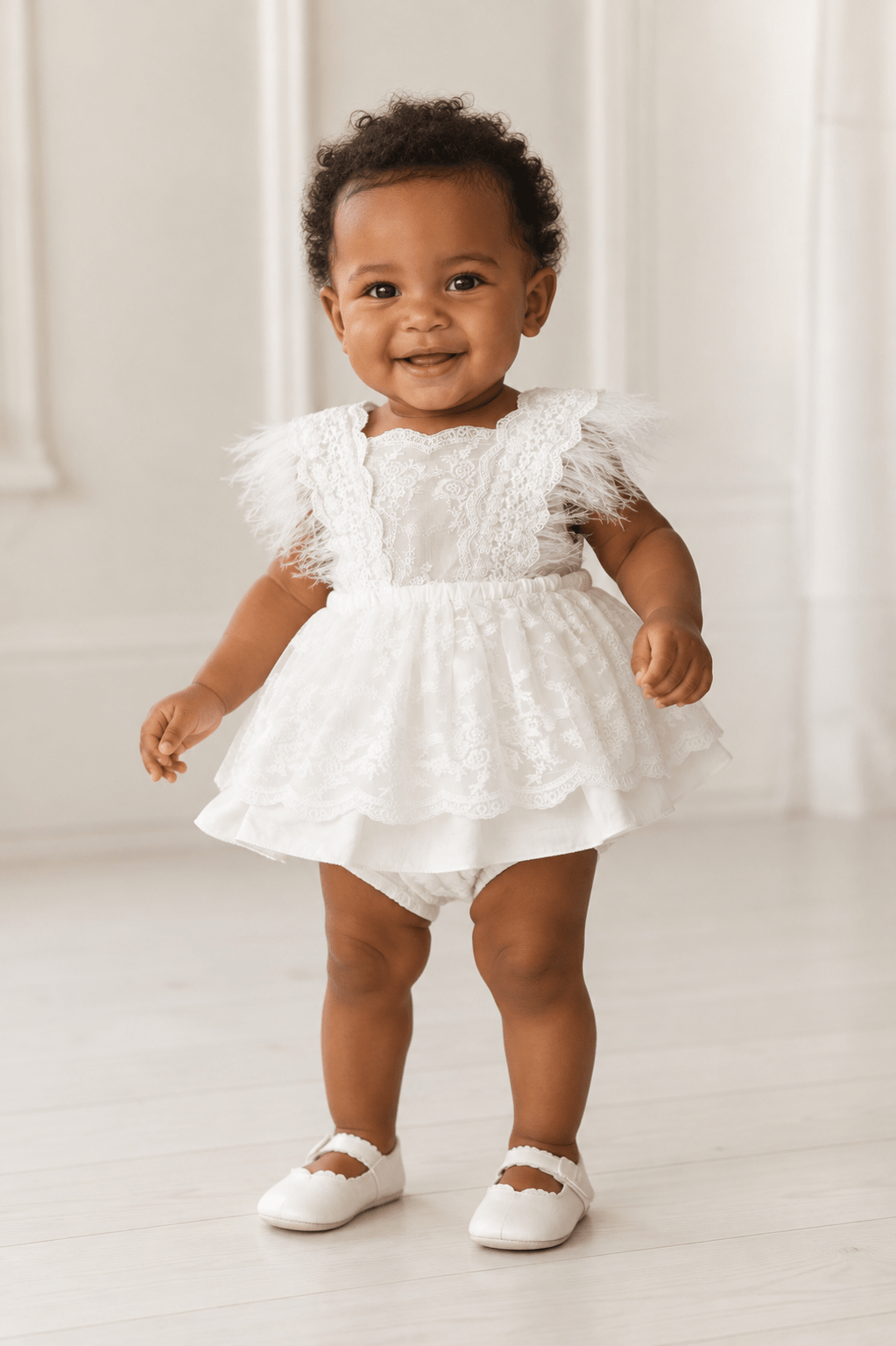 White Lace Baby Romper with Ostrich Feather Frilly Sleeves, Cash Smash Outfit, Birthday Romper, Baby Flower Girl, - Plum Sugar Shoppe
