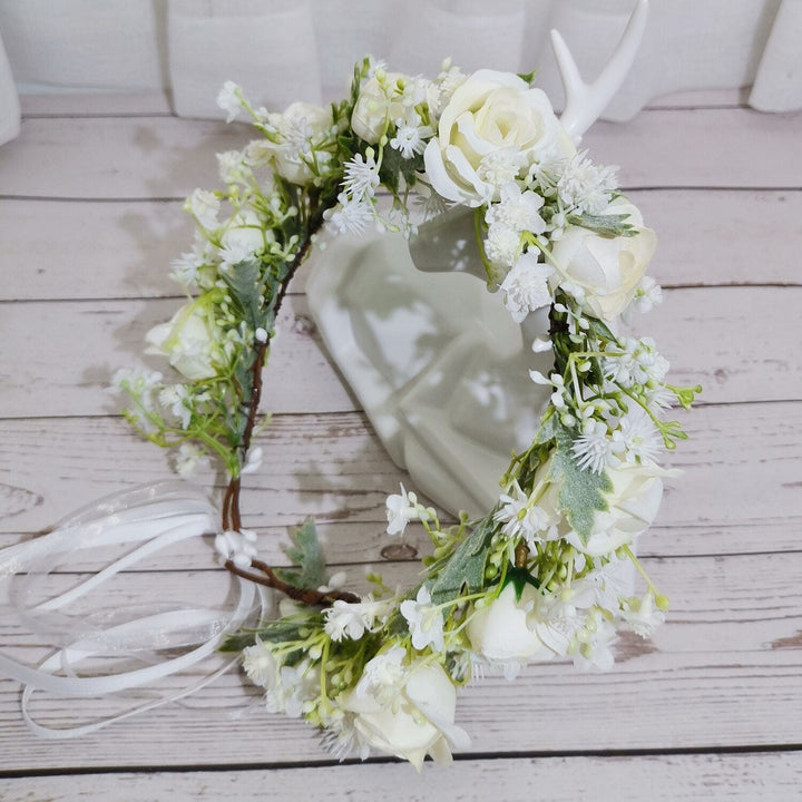 Abigail White Rose and Baby's Breath Flower Crown - Plum Sugar Shoppe