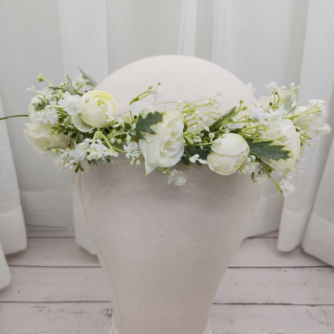 Abigail White Rose and Baby's Breath Flower Crown - Plum Sugar Shoppe