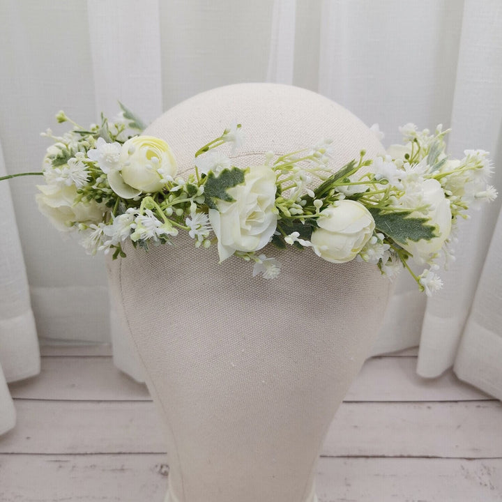 Abigail White Rose and Baby's Breath Flower Crown - Plum Sugar Shoppe