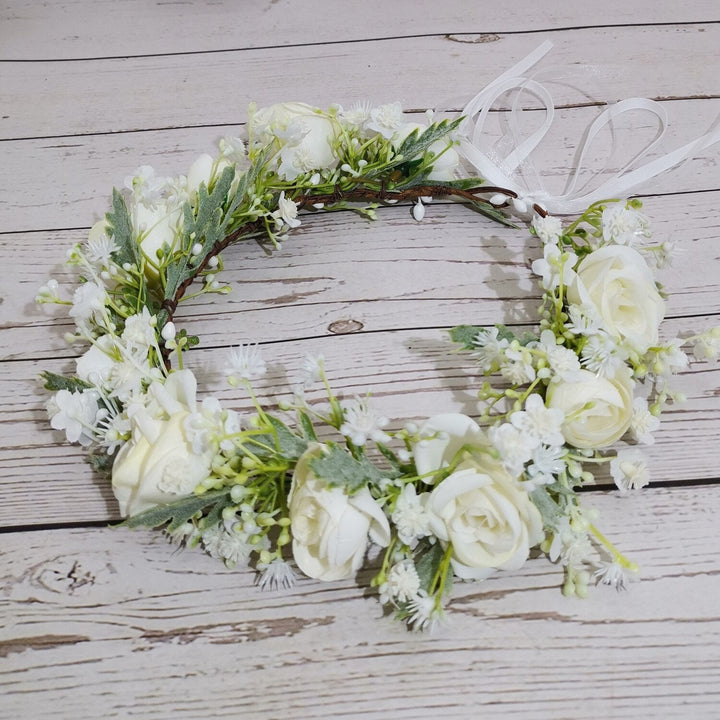 Abigail White Rose and Baby's Breath Flower Crown - Plum Sugar Shoppe