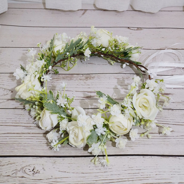 Abigail White Rose and Baby's Breath Flower Crown - Plum Sugar Shoppe