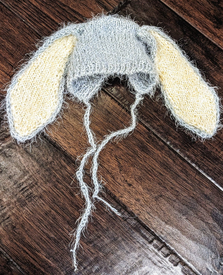 Grey Knit Rabbit Newborn Bonnet with Big Ears, Grey Bunny Outfit, Newborn Photo Prop, Knit Bunny Newborn Hat, Newborn Animal Ears - Plum Sugar Shoppe