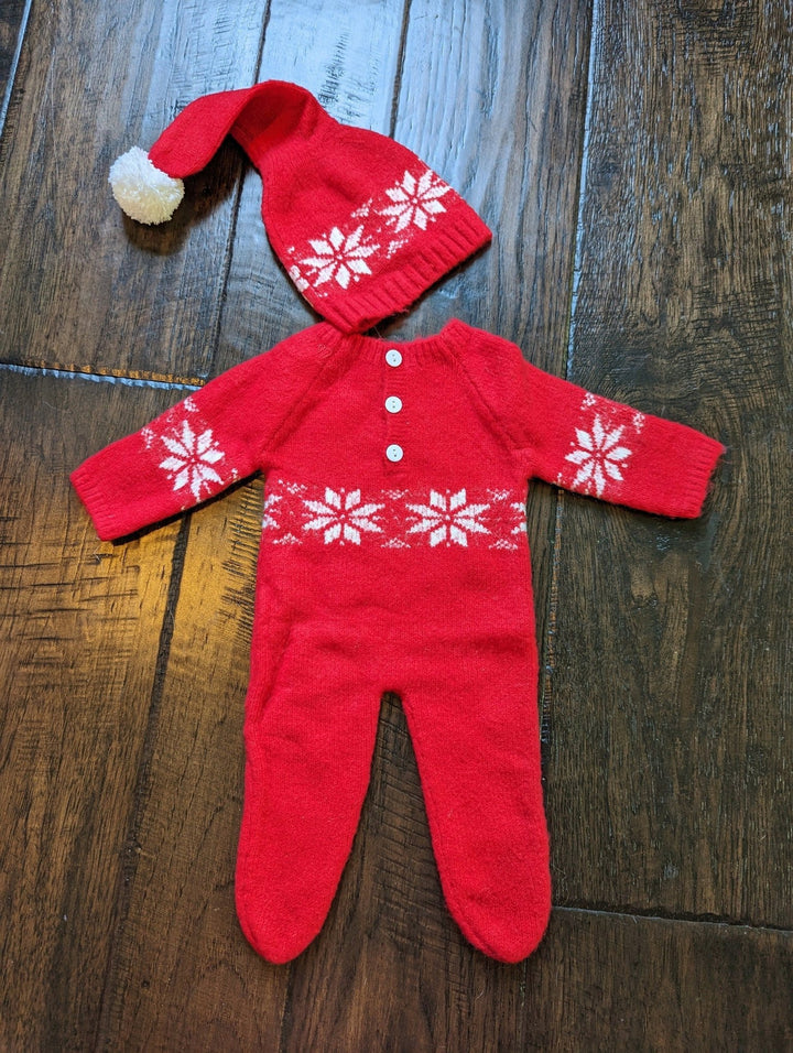 Red Knitted Newborn One - Piece and Hat - Plum Sugar Shoppe