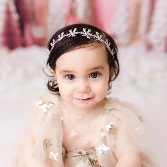 Snowflake Headband Birthday Crown with Silver Satin Ribbon, Newborn - Toddler Headband,1st Birthday, Elsa Crown, Frozen Headband - Plum Sugar Shoppe