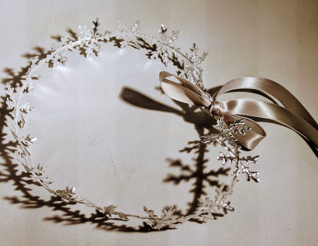 Snowflake Headband Birthday Crown with Silver Satin Ribbon, Newborn - Toddler Headband,1st Birthday, Elsa Crown, Frozen Headband - Plum Sugar Shoppe