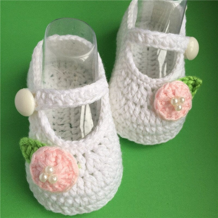 White Flower Crochet Newborn Shoes, Newborn Knitted Baby Booties, White Crocheted Baby Booties, Newborn Booties, Baby Girl Mary Jane Shoes - Plum Sugar Shoppe