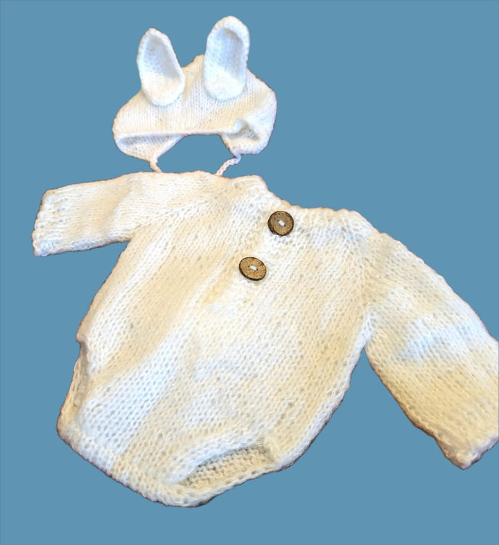 White Knit Rabbit Newborn Outfit, White Bunny Outfit, Newborn Photo Prop, Knit Bunny Newborn Photo Shoot, Newborn First Photo Shoot - Plum Sugar Shoppe