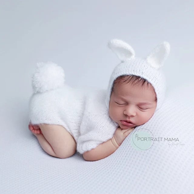 White Knit Rabbit Newborn Outfit, White Bunny Outfit, Newborn Photo Prop, Knit Bunny Newborn Photo Shoot, Newborn First Photo Shoot - Plum Sugar Shoppe